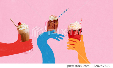 Pop-art collage of colorful cartoon hands holding three milkshakes on pink background Pop-art collage of colorful cartoon hands holding three milkshakes on pink background 128747829