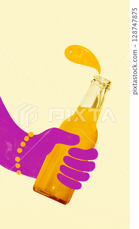 Hand drawn collage of purple hand with bracelet holding orange bottle with splash on cream background Hand drawn collage of purple hand with bracelet holding orange bottle with splash on cream background 128747875