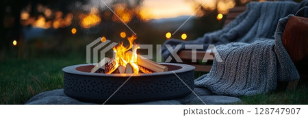 Outdoor sofa and blankets around a fire pit on deck, creating a cozy retreat for chilly nights or friendly conversations. 128747907