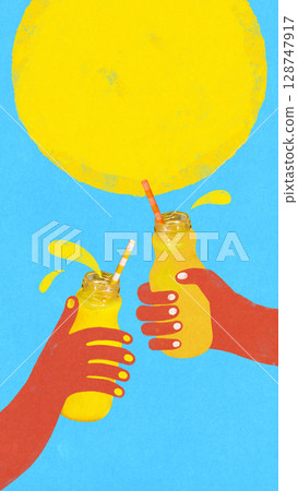Hand drawn collage of two hands clinking orange drinks under stylized yellow sun 128747917