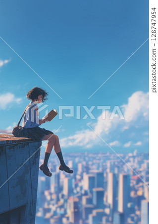 一位女學生在摩天大樓頂上讀書的插圖——一個充滿故事的城市視覺效果，給人一種孤獨和自由的感覺 128747954