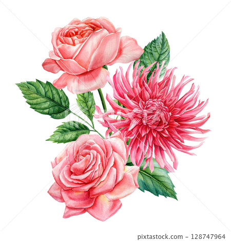 Pink roses and red dahlia with green leaves watercolor floral bouquet botanical illustration romantic flower clipart 128747964