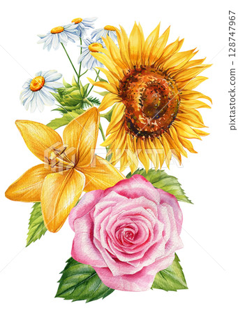 Sunflower pink rose yellow lily and chamomile bouquet watercolor floral illustration with green leaves on white background Sunflower pink rose yellow lily and chamomile bouquet watercolor floral illustration with green leaves on white background 128747967