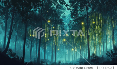 Mysterious glowing city hidden deep inside an enchanted forest 128748081