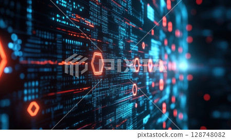 Close up view of digital circuits with glowing patterns and hexagons. Concept of technology, data, and electronics Close up view of digital circuits with glowing patterns and hexagons. Concept of technology, data, and electronics 128748082