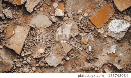 Close up texture of broken concrete and rubble debris, abstract background for construction, demolition, or environmental themes 128748084