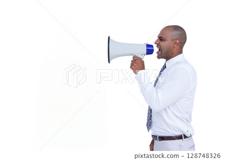 African American man in business attire shouting through megaphone in white studio, copy space 128748326
