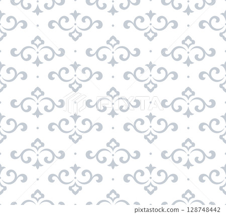 Flower geometric pattern. Seamless vector background. White and gray ornament Flower geometric pattern. Seamless vector background. White and gray ornament 128748442