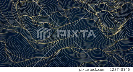 Vector line water wavy pattern , golden line on black japanese style ocean ornament. Luxury abstract flow background, modern curve elegant asian design. 128748546