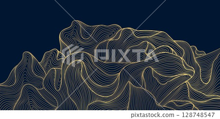 Vector line water wavy pattern , golden line on black japanese style ocean ornament. Luxury abstract flow background, modern curve elegant asian design. Vector line water wavy pattern , golden line on black japanese style ocean ornament. Luxury abstract flow background, modern curve elegant asian design. 128748547