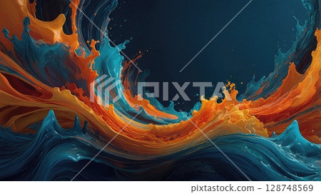 Vibrant abstract 3D digital artwork with flowing waves of blue and orange colors, resembling liquid motion and dynamic energy against a dark background 128748569
