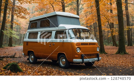Campervan or motorhome parked in the nature countryside. Camper van or? motor home?is camping in a autumn forest. Active family vacation Campervan or motorhome parked in the nature countryside. Camper van or? motor home?is camping in a autumn forest. Active family vacation 128748570