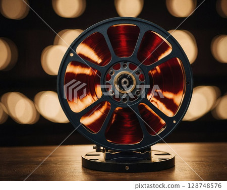 Vintage movie film reel silhouetted against city skyline at sunset. Nostalgic cinema equipment creates artistic composition with blurred urban backdrop and warm evening light 128748576
