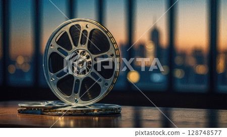 Vintage movie film reel silhouetted against city skyline at sunset. Nostalgic cinema equipment creates artistic composition with blurred urban backdrop and warm evening light 128748577