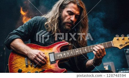 Passionate musician with long hair and rugged appearance playing an electric guitar on stage, surrounded by dramatic lighting and smoke, creating a powerful rock atmosphere 128748594