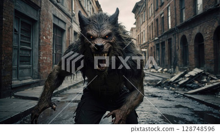 Snarling werewolf with glowing eyes and matted fur standing menacingly in dark urban alley. Horror creature design against gritty Victorian backdrop creates intense atmosphere 128748596