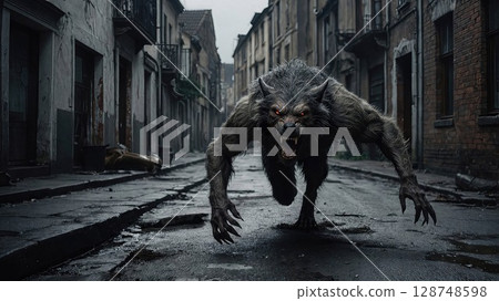 Intimidating werewolf with piercing red eyes and sharp claws prowling in a decayed, empty urban street, exuding a sense of fear and danger in a dark, post-apocalyptic environment 128748598
