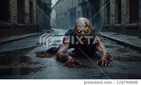 Creeping zombie with glowing eyes and blood-streaked skin crawling on an abandoned, rain-soaked street in a haunting post-apocalyptic cityscape 128748606