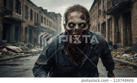 Terrifying zombie in a ruined urban setting, with decayed skin, hollow eyes, and torn clothing, creating an intense post-apocalyptic horror atmosphere Terrifying zombie in a ruined urban setting, with decayed skin, hollow eyes, and torn clothing, creating an intense post-apocalyptic horror atmosphere 128748608
