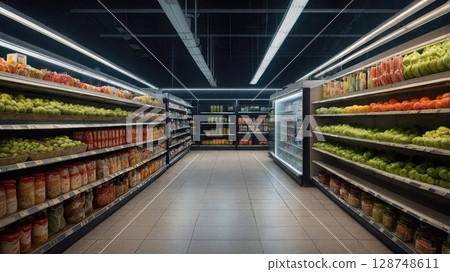 Modern grocery store aisle with fresh produce and packaged goods displayed neatly on well-lit shelves, creating a clean and organized shopping environment 128748611