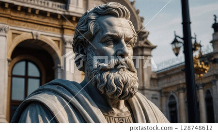 A close-up of a classical marble statue of a bearded man, exuding wisdom and strength, set against a historic architectural background with detailed carvings 128748612