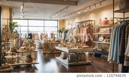 Elegantly arranged interior of a stylish clothing boutique with racks of fashionable apparel, display tables, and tasteful decor, inviting a premium shopping experience 128748630