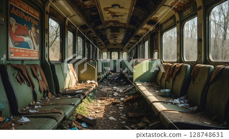 Deteriorated interior of an abandoned train car with rusted metal, torn seats, and debris, bathed in stark sunlight, evoking a sense of decay, history, and urban exploration 128748631