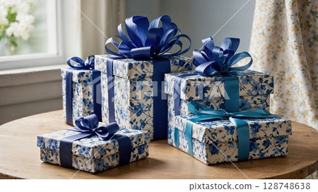 Beautifully wrapped gifts in blue floral paper with elegant blue satin ribbons and bows, perfect for celebrations, holidays, birthdays, or special occasions 128748638