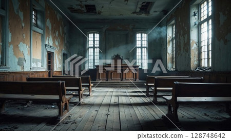 A desolate, dusty, and decaying abandoned hall with peeling paint, empty wooden benches, and large windows, evoking a haunting sense of history and neglect 128748642