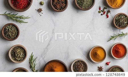 An overhead view of an artistic arrangement of colorful spices in small bowls, including vibrant red, yellow, and green, on a white marble background with fresh rosemary sprigs, perfect for culinary 128748649