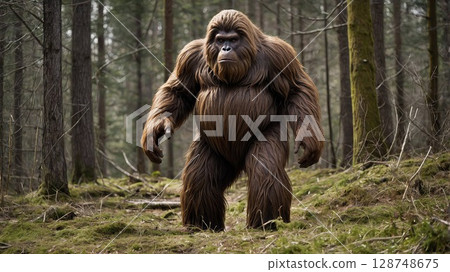 A full-body view of a tall, ape-like figure with thick brown fur standing in a snowy forest, blending mythology and nature in a realistic setting 128748675