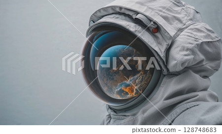 An astronaut's helmet reflects a stunning image of planet Earth, symbolizing space exploration, the future, and environmental awareness An astronaut's helmet reflects a stunning image of planet Earth, symbolizing space exploration, the future, and environmental awareness 128748683