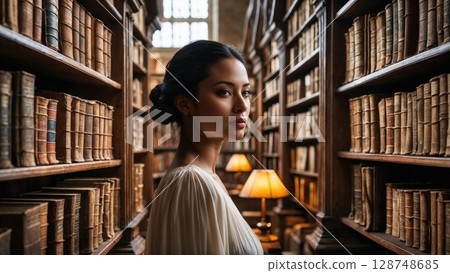 A sophisticated woman stands gracefully between towering bookshelves in a grand, historic library, bathed in warm, soft light A sophisticated woman stands gracefully between towering bookshelves in a grand, historic library, bathed in warm, soft light 128748685