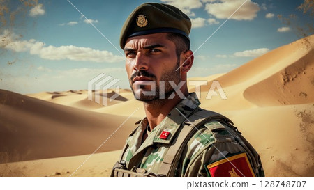 Powerful male soldier in military uniform and beret, standing resolute against the vast, rugged desert landscape. Ideal for themes of strength, duty, and national security Powerful male soldier in military uniform and beret, standing resolute against the vast, rugged desert landscape. Ideal for themes of strength, duty, and national security 128748707