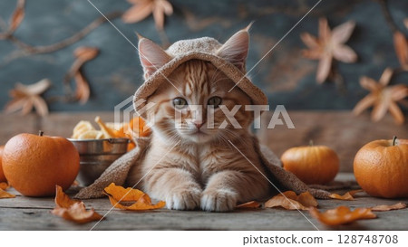 Adorable ginger kitten in a cozy knitted hat surrounded by autumn pumpkins and leaves, perfect for heartwarming pet content, fall themes, and holiday promotions Adorable ginger kitten in a cozy knitted hat surrounded by autumn pumpkins and leaves, perfect for heartwarming pet content, fall themes, and holiday promotions 128748708