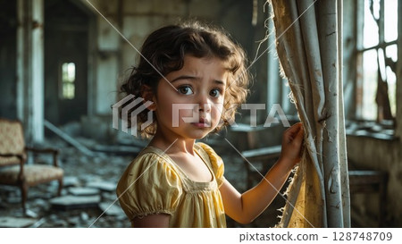 A small, scared girl with wide eyes stands amidst a ruined building, evoking themes of vulnerability, conflict, and the need for protection and hope A small, scared girl with wide eyes stands amidst a ruined building, evoking themes of vulnerability, conflict, and the need for protection and hope 128748709