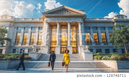 Grand neoclassical bank building with towering columns and professional individuals entering, symbolizing finance, stability, and corporate success under a bright sky 128748711