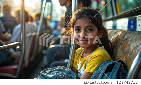 Joyful young girl with a backpack smiles brightly on a bus, capturing the essence of childhood travel, school adventures, and everyday commutes 128748712
