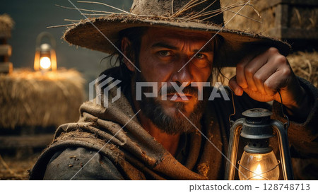 Grit-covered man with a straw hat and weathered face holds a glowing lantern in a dimly lit, rustic setting, symbolizing resilience and survival 128748713