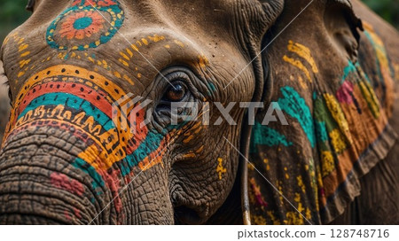 A majestic elephant's head and trunk in a vibrant close-up, adorned with traditional colorful painted patterns, showcasing cultural beauty and animal artistry A majestic elephant's head and trunk in a vibrant close-up, adorned with traditional colorful painted patterns, showcasing cultural beauty and animal artistry 128748716