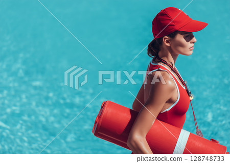 一名女救生員在泳池邊值守——這種視覺效果在夏天傳達出一種安全感和專業感 128748733