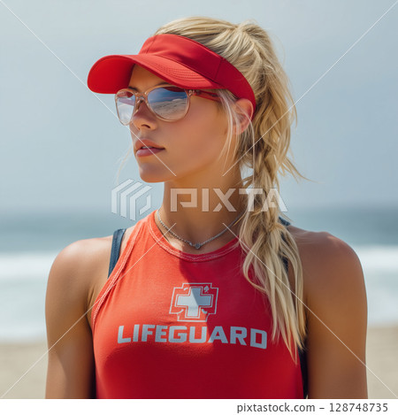 一位女救生員守望著海灘——這張海邊照片傳達出一種安全感和夏日的興奮感 128748735