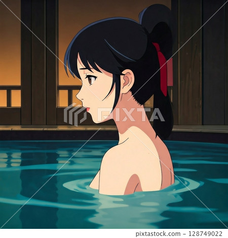 A young woman entering a hot spring 128749022