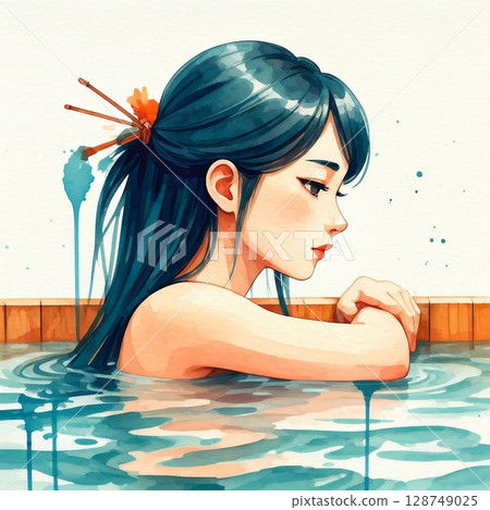 Young woman taking an open-air bath 128749025