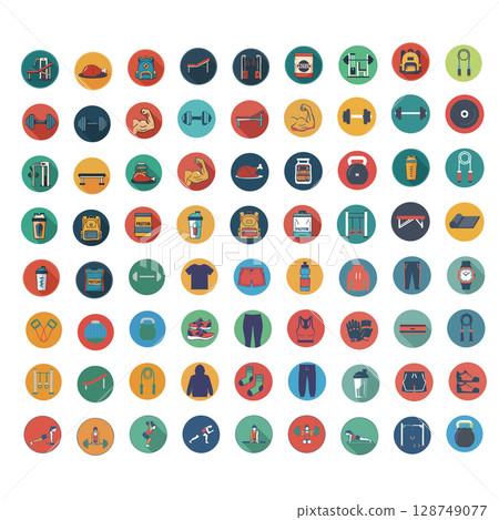 A set of 72 muscle-based icons related to strength training and bodybuilding 128749077