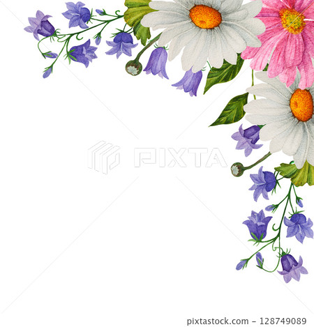 Watercolor corner frame of hand painted colorful wildflowers and botanical greenery. Design for invitation, cards, textile Watercolor corner frame of hand painted colorful wildflowers and botanical greenery. Design for invitation, cards, textile 128749089