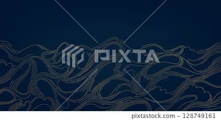Vector line water wavy pattern , golden line on black japanese style ocean ornament. Luxury abstract flow background, modern curve elegant asian design. 128749161