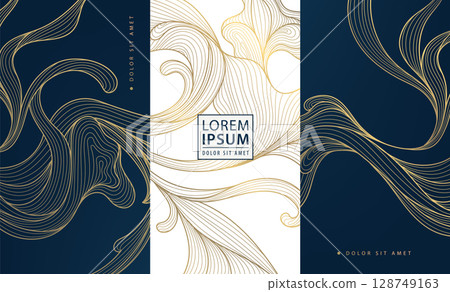 Vector set of floral gold art deco labels, floral line luxury design. Wine, package box, perfume, beauty products covers, foliage print, banners. 128749163