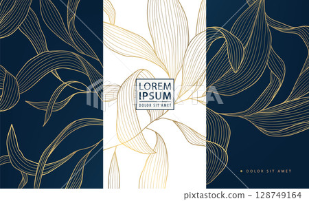 Vector set of floral gold art deco labels, floral line luxury design. Wine, package box, perfume, beauty products covers, foliage print, banners. 128749164