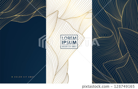 Vector set of floral gold art deco labels, floral line luxury design. Wine, package box, perfume, beauty products covers, foliage print, banners. Vector set of floral gold art deco labels, floral line luxury design. Wine, package box, perfume, beauty products covers, foliage print, banners. 128749165